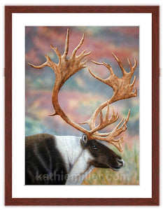 Caribou painting with mohogany frame by award winning artist Kathie Miller. Prints available