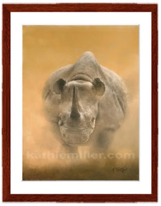 Charging Rhino painting by award winning artist Kathie Miller. Prints available.