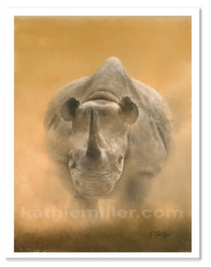 Charging Rhino painting by award winning artist Kathie Miller. Prints available.