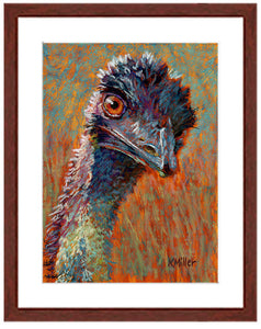 Charlie. Pastel portrait of an emu with mahogany frame by award winning artist Kathie Miller.