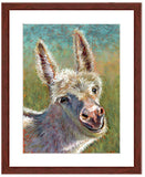Pastel portrait print of a cute fuzzy donkey with a mahogany frame and white mat. Rendered in a contemporary style using bold strokes and bright colors by award winning artist Kathie Miller. 