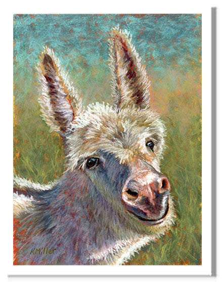Pastel portrait print of a cute fuzzy donkey. Rendered in a contemporary style using bold strokes and bright colors by award winning artist Kathie Miller.