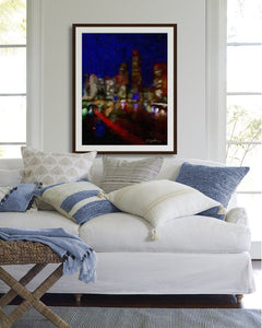 Fine art prints 'City Lights' abstract painting by wildlife and landscape painter Kathie Miller. Deep blues of the night sky and sparkling lights of the city reflecting in the water. Prints available.