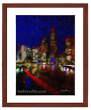Fine art prints 'City Lights' abstract painting with mahogany frame by wildlife and landscape painter Kathie Miller. Deep blues of the night sky and sparkling lights of the city reflecting in the water. Prints available.