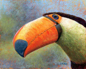 Original 10” x  8” pastel portrait of a toucan by award winning artist Kathie Miller. Contemporary style using bold strokes and bright colors. Prints available.