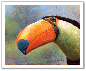 Pastel portrait print of a toucan. Rendered in a contemporary style using bold strokes and bright colors by award winning artist Kathie Miller.