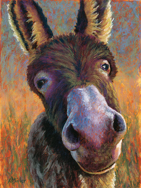Original 9” x 12” funny pastel portrait of a donkey in the bright sun by award winning artist Kathie Miller. Contemporary style using bold strokes and bright colors. Prints available.