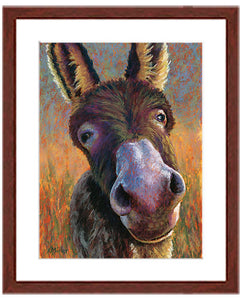 Funny pastel portrait of a donkey with a mahogany frame and white mat. Rendered in a contemporary style using bold strokes and bright colors by award winning artist Kathie Miller. 