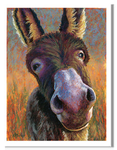 Funny pastel portrait of a donkey in the bright sun. Rendered in a contemporary style using bold strokes and bright colors by award winning artist Kathie Miller.