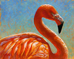 "Cora" 10” x 8”. Original pastel portrait of a Caribbean flamingo in the bright sun by award winning artist Kathie Miller. Rendered in bright bold oranges, reds and yellows. The background is bright blue at the top fading down to soft green.  Prints available.