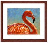 "Cora" Pastel portrait of a  Caribbean flamingo in a contemporary style using bold strokes and bright colors. Shown with a mahogany frame and white mat. Painting by award winning artist Kathie Miller.