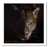 Cougar portrait painting by award winning artist Kathie Miller. Prints available