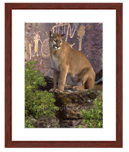Cougar and the Pictographs painting with mahogany frame by award winning artist Kathie Miller. Prints available.
