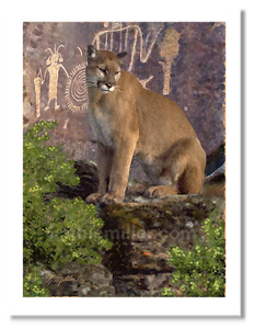 Cougar and the Pictographs painting by award winning artist Kathie Miller. Prints available.