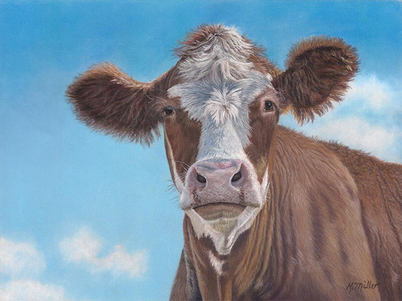 Original pastel portrait of a cow with the blue sky behind her 12