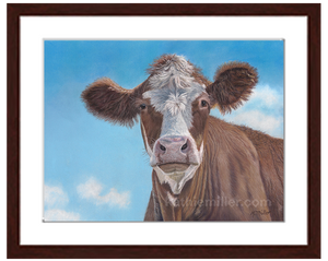Cow pastel print with mohogany frame by award winning artist Kathie Miller.