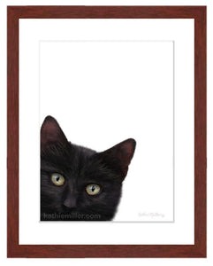 Painting of a black cat peeking out of the paintings lower left corner with mohogany frame by award winning artist Kathie Miller.