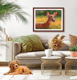 Pastel portrait print of a fawn lying in the grass in the morning sun with a wood frame me and 2” white mat hanging in earth toned living room. Rendered in a contemporary style using bold strokes and bright colors by award winning artist Kathie Miller. 