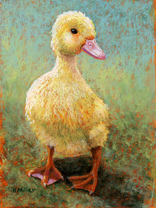 "Daisy-Duckling " 6” x 8”. Original pastel portrait of a yellow duckling in the bright sunshine by award winning artist Kathie Miller. Contemporary style using bold strokes and bright colors. The background is various greens. Prints available.