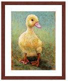 " Daisy-Duckling”. Pastel portrait of a small yellow duckling with a mahogany frame and white mat. Rendered in a contemporary style using bold strokes and bright colors by award winning artist Kathie Miller. 