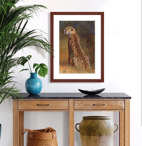 Pastel portrait of a cheetah in the morning light. Print with mahogany frame and a white mat  hanging in a entrance hall.  Rendered in a contemporary style using bold strokes and bright colors by award winning artist Kathie Miller.