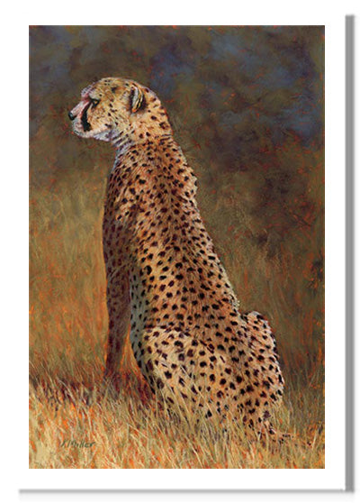 Pastel portrait print of a cheetah in the morning light. Rendered in a contemporary style using bold strokes and bright colors by award winning artist Kathie Miller.