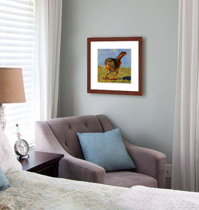 Pastel portrait of a sparrow in elegant sitting area .  Rendered in a  contemporary style using bold strokes and bright colors by award winning artist Kathie Miller.