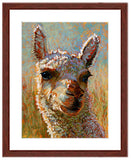 " Eddie-Alpaca”. Pastel portrait of an alpaca with a mahogany frame and white mat. Rendered in a contemporary style using bold strokes and bright colors by award winning artist Kathie Miller. 