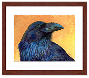 Pastel portrait print of a raven with a mahogany frame and 2” white mat. Rendered in a contemporary style using bold strokes and bright colors by award winning artist Kathie Miller. 