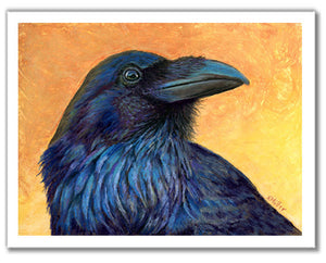 Pastel portrait print of a raven. Rendered in a contemporary style using bold strokes and bright colors by award winning artist Kathie Miller.