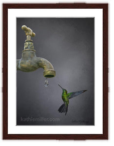 Western Emerald Hummingbird Painting with walnut frame by wildlife artist Kathie Miller.  Prints available. 