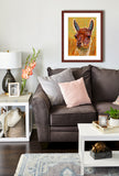 Pastel portrait of an alpaca in elegant living room .  Rendered in a  contemporary style using bold strokes and bright colors by award winning artist Kathie Miller.