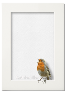 English Robin Chick Trompe l'oeil painting by wildlife artist Kathie Miller. Prints available.