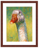 " Ethel-Goose”. Pastel portrait of a white goose with a mahogany frame and white mat. Rendered in a contemporary style using bold strokes and bright colors by award winning artist Kathie Miller. 