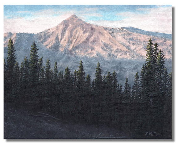 Original oil painting of the rising sun over the San Gabriel Mountains, California. 8” x 10” oil on panel by award winning artist Kathie Miller. Painting is shipped unframed.