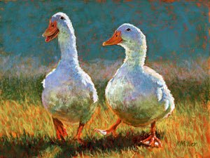 Original 12” x 9” Patel painting of two white ducks walking in the sun by award winning artist Kathie Miller. Contemporary style using bold strokes and bright colors. Prints available.