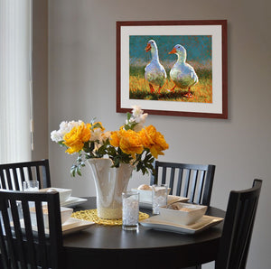 Pastel painting of two white ducks walking in the sun a small dining area .  Rendered in a contemporary style using bold strokes and bright colors by award winning artist Kathie Miller.