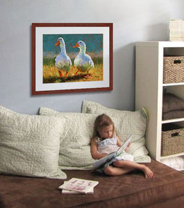 Pastel painting of two white ducks walking in the sun a childs reading nook .  Rendered in a contemporary style using bold strokes and bright colors by award winning artist Kathie Miller.