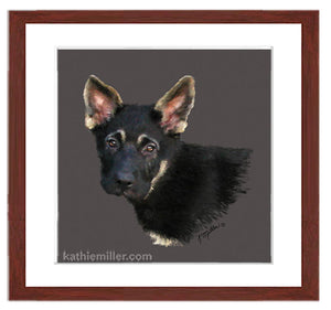 German Shepard Puppy Portrait painting with mahogany frame by wildlife artist Kathie Miller.  Prints available.