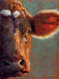 Original 9” x 12” pastel portrait of a beautiful brown cow with the sun shining through her ear by award winning artist Kathie Miller. Contemporary style using bold strokes and bright colors. Prints available.