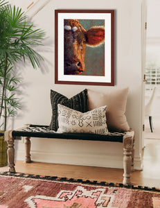 Pastel portrait of a beautiful brown cow with the sun shining through her ear. Print with a mahogany frame and 2” white mat hanging in a Southwest style entrance hall. Rendered in a contemporary style using bold strokes and bright colors by award winning artist Kathie Miller. 
