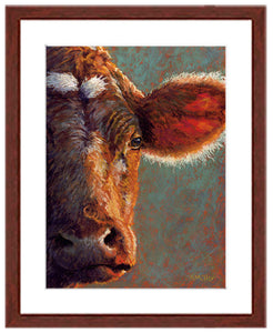 Pastel portrait of a beautiful brown cow with the sun shining through her ear. Print with a mahogany frame and 2” white mat. Rendered in a contemporary style using bold strokes and bright colors by award winning artist Kathie Miller. 