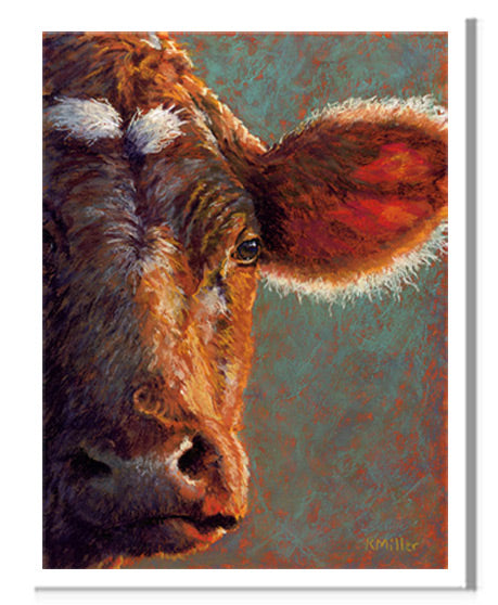 Pastel portrait print of a beautiful brown cow with the sun shining through her ear. Rendered in a contemporary style using bold strokes and bright colors by award winning artist Kathie Miller.
