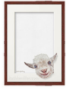 Baby Goat Trompe l'oeil nursery art with mahogany frame by wildlife artist Kathie Miller. Perfect for the nursery or child's room. Prints available.