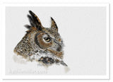 Great Horned Owl Portrait painting by wildlife artist Kathie Miller.  Prints available.