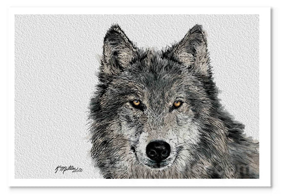 Grey Wolf Portrait painting by award winning artist Kathie Miller. Prints available. 