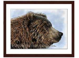 Grizzly Bear painting with walnut frame by award winning artist Kathie Miller. Prints available