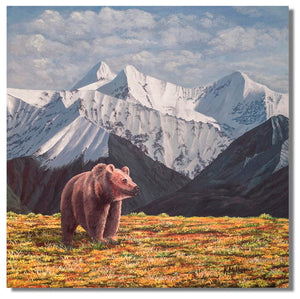 Original acrylic painting of a lone grizzly bear among the snow covered Danali Mountains. 12” x 12” acrylic on panel by award winning artist Kathie Miller.  Painting is shipped unframed.
