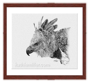 Harpy Eagle Drawing with mahogany frame by wildlife artist Kathie Miller. Prints available.