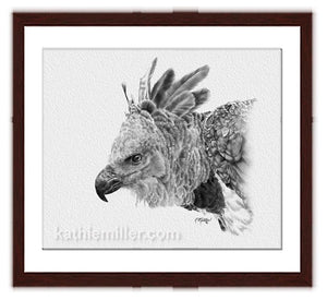 Harpy Eagle Drawing with walnut frame by wildlife artist Kathie Miller. Prints available.